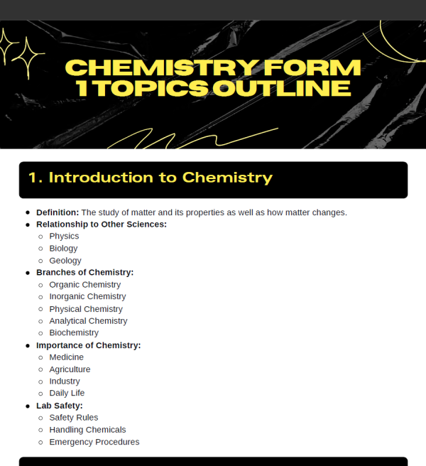 Chemistry Form One Topics Outline